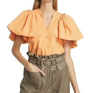 Johnathan Simkhai Hallie Puff Sleeve Top Melon Orange Pastel Poplin SZ S